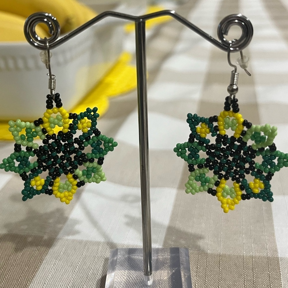 Green and Yellow Beaded Star Earrings